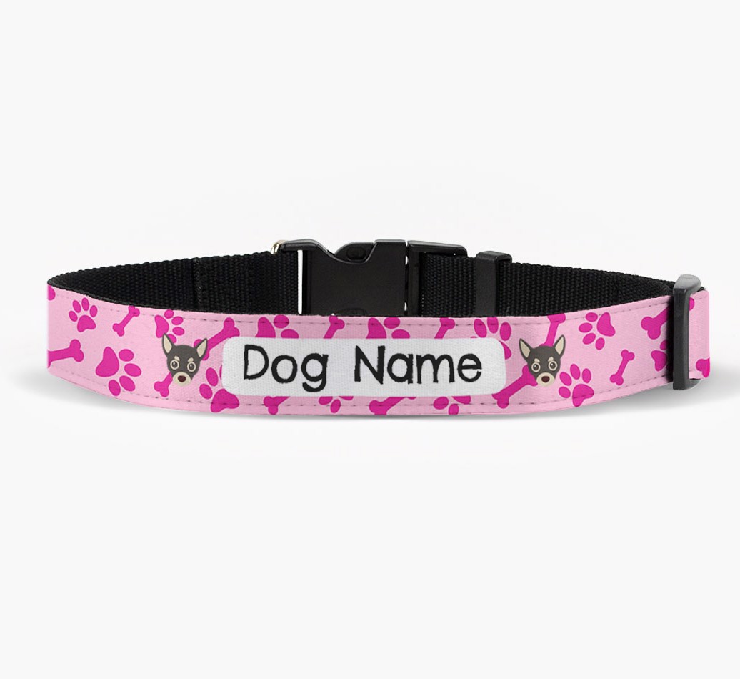 'Personalised Fabric Collar with Bone and Paw Pattern and {breedFullName} Icon in front view